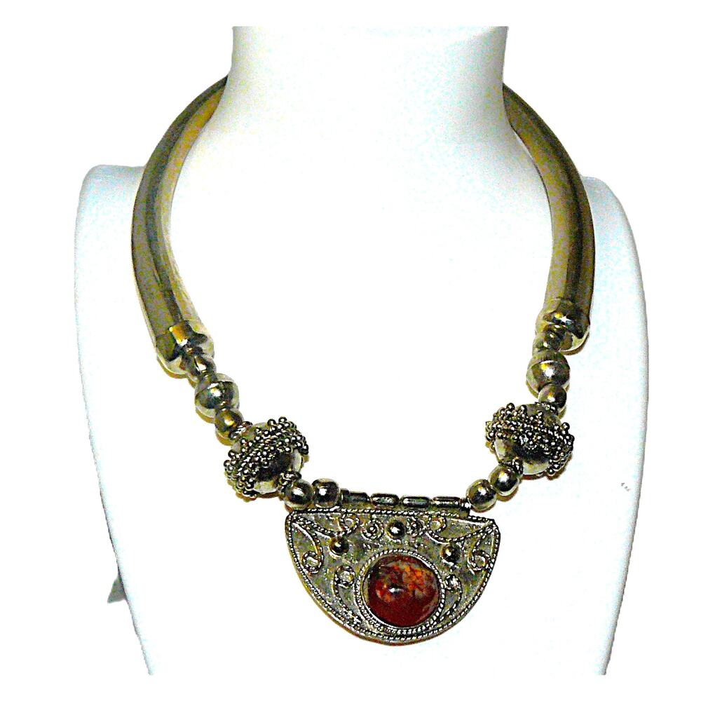 Vintage Silver-Tone Mesh Collar Necklace Ornate Red Stone Cabochon Pendant